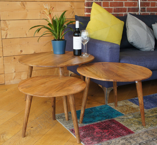 Acacia Wood Round  Side Tables set 0f 3