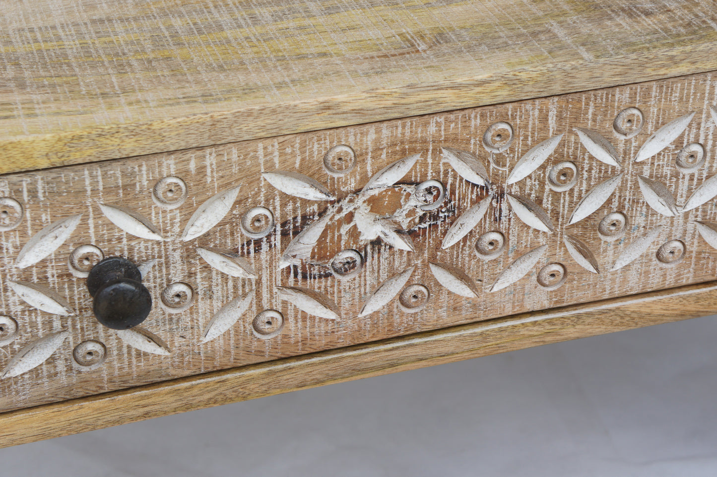 Mango wood Coffee table with hand carved drawer distressed and polished