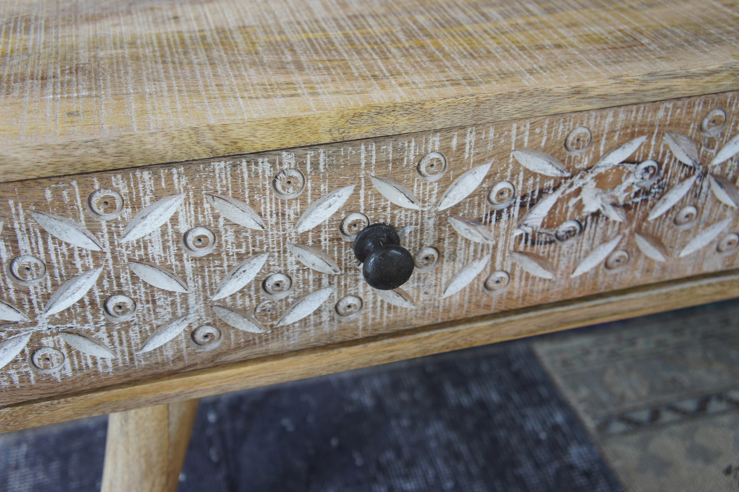 Mango wood Coffee table with hand carved drawer distressed and polished