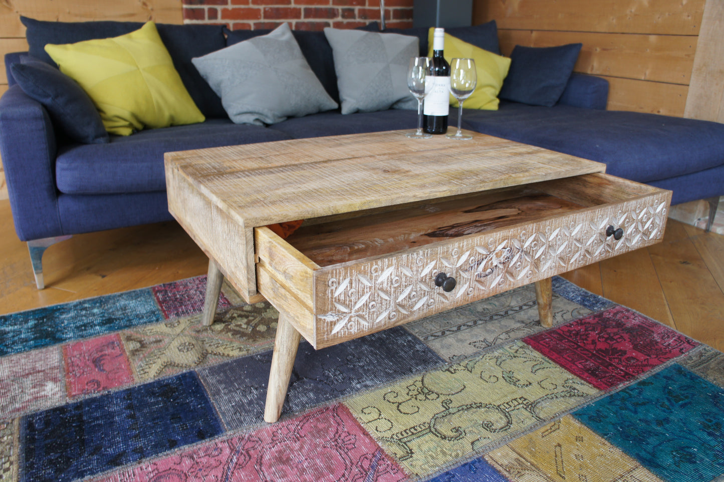 Mango wood Coffee table with hand carved drawer distressed and polished