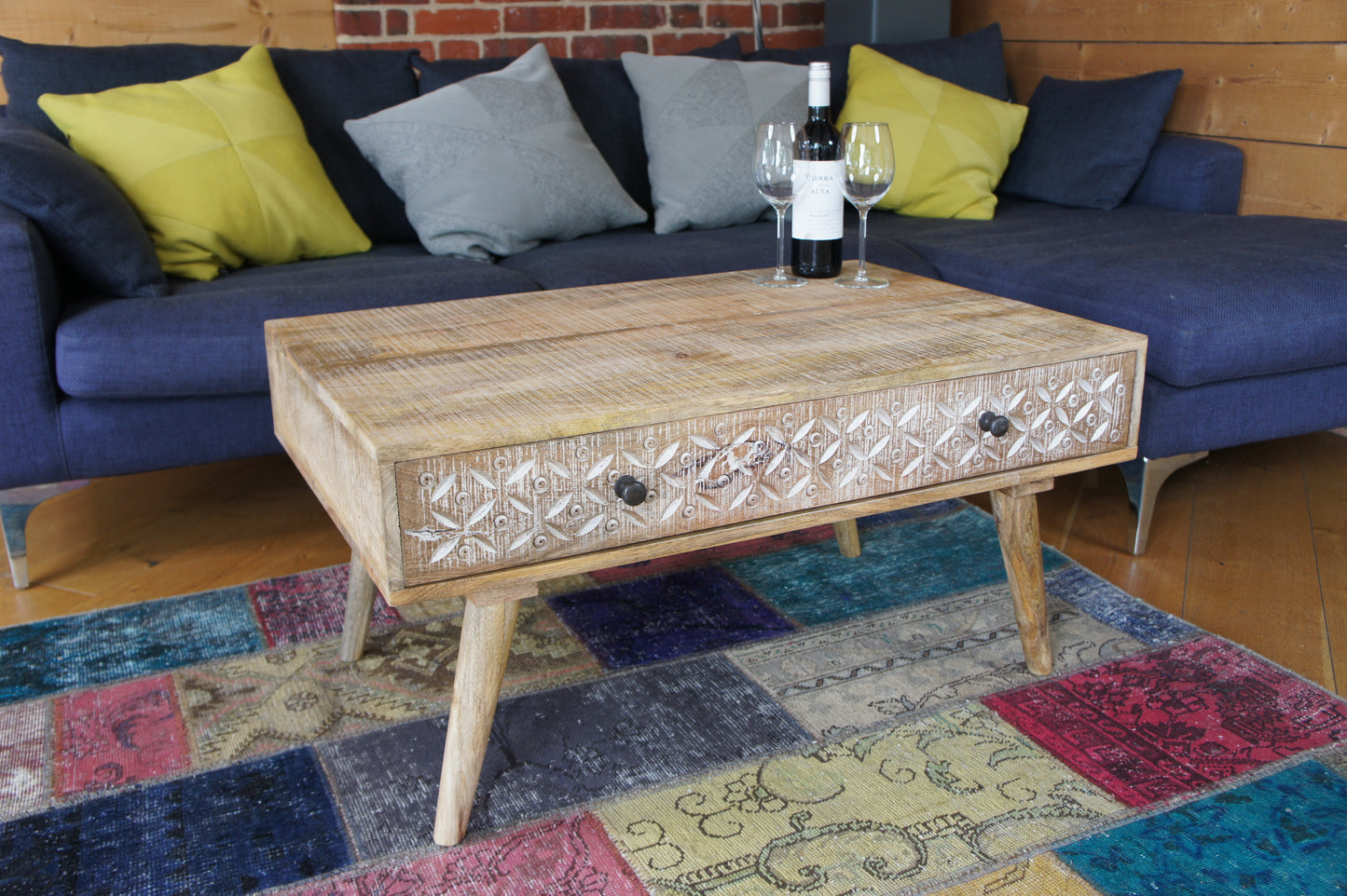 Mango wood Coffee table with hand carved drawer distressed and polished