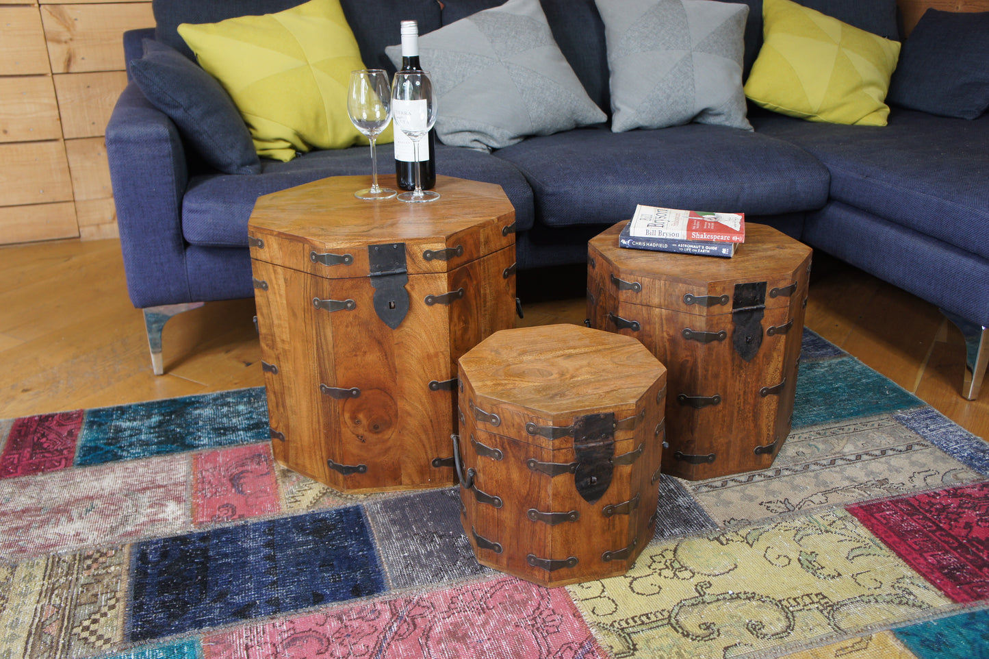 Octagonal Set of 3 Chests side table Acacia wood