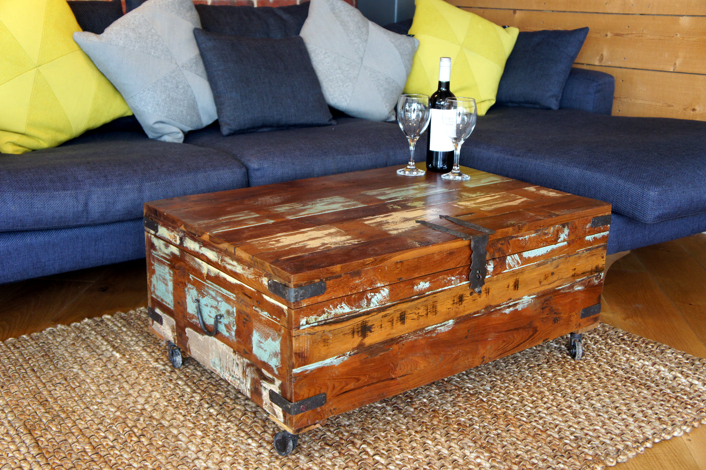 Vintage Painted teak Coffee table Trunk on Wheels