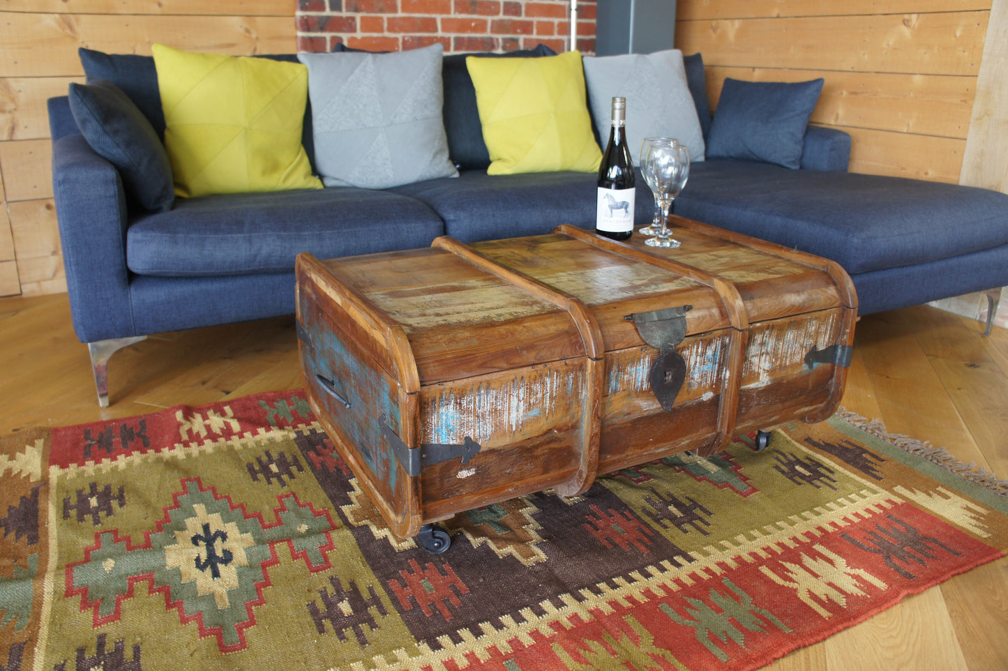 Vintage Painted Teak Marina Coffee tableTrunk on Wheels