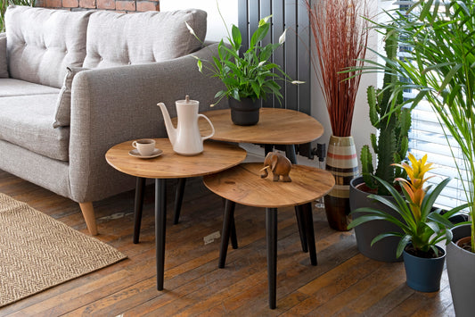Retro Acacia Wood Set 3  Nesting Triangle Tables with Iron Legs